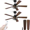 Fanbulous 2 Pack 42 Inch Rustic Caged Ceiling Fan with Lights, Black Farmhouse Ceiling Fans for Bedroom Living Room, Double-Sided 5 Blades Rustic Ceiling Fan (Black and Walnut)