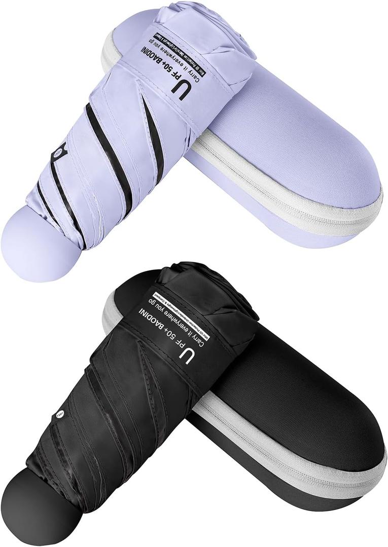 BAODINI Travel Mini Umbrella for Purse With Case Small Compact UV Sun Protection Sun Lightweight Tiny Pocket Umbrella for Women Kids and Men (2 Pack Purple & Black)