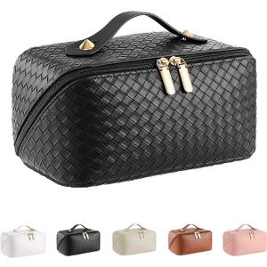 Large Capacity Travel Cosmetic Bag  PU Leather Makeup Organizer Bag Portable Woven Makeup Bags for Women Waterproof Travel Toiletry Bag with Divider Pouch, Black