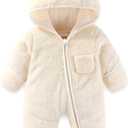 Newborn Baby Bear Outfit With Fold-Over Mittens and Footies Girls Boys Winter Fleece Clothes Hooded Romper Snowsuit (0-3 Months, Beige White)