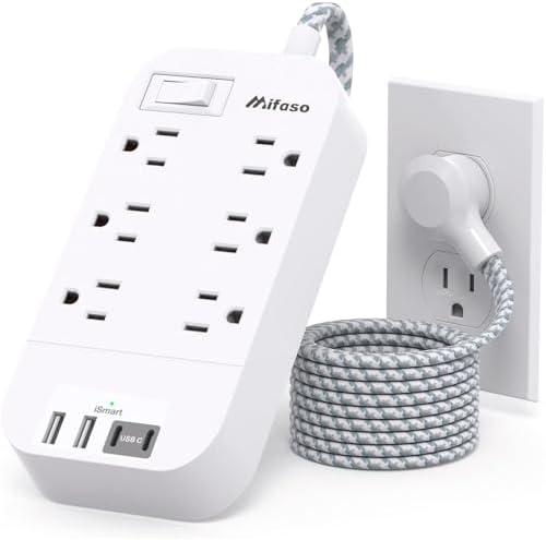 Power Strip - 15 FT Long Flat Plug Extension Cord, 6 Outlets 4 USB Ports（2 USB C, Outlet Extender with Overload Protection, Wall Mount, Desktop Charging Station for Office and Dorm Essential