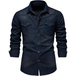 Kissonic Mens Denim Shirt Long Sleeve Slim Fit Jean Shirt for Men Button Down Causal Striped Denim Shirts (Medium, Navy)