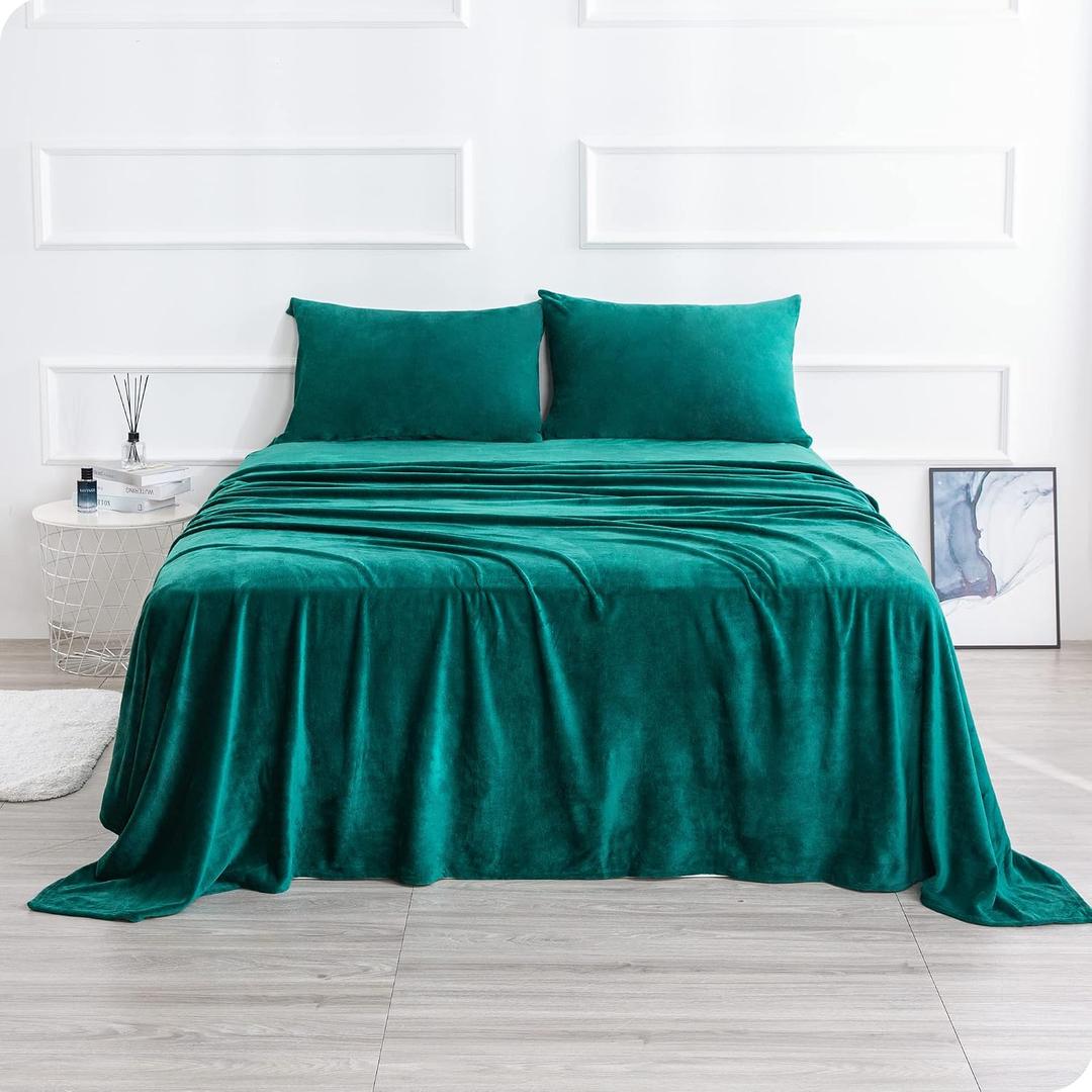 Micro Fleece Bed Sheet Set Twin Size,Velvet Plush Sheets and Pillowcase Set with Deep Pockets, Extra Soft, No Pilling and Cozy Warmth for All Season & Chritmas (Twin,Green Color,3 Piece)