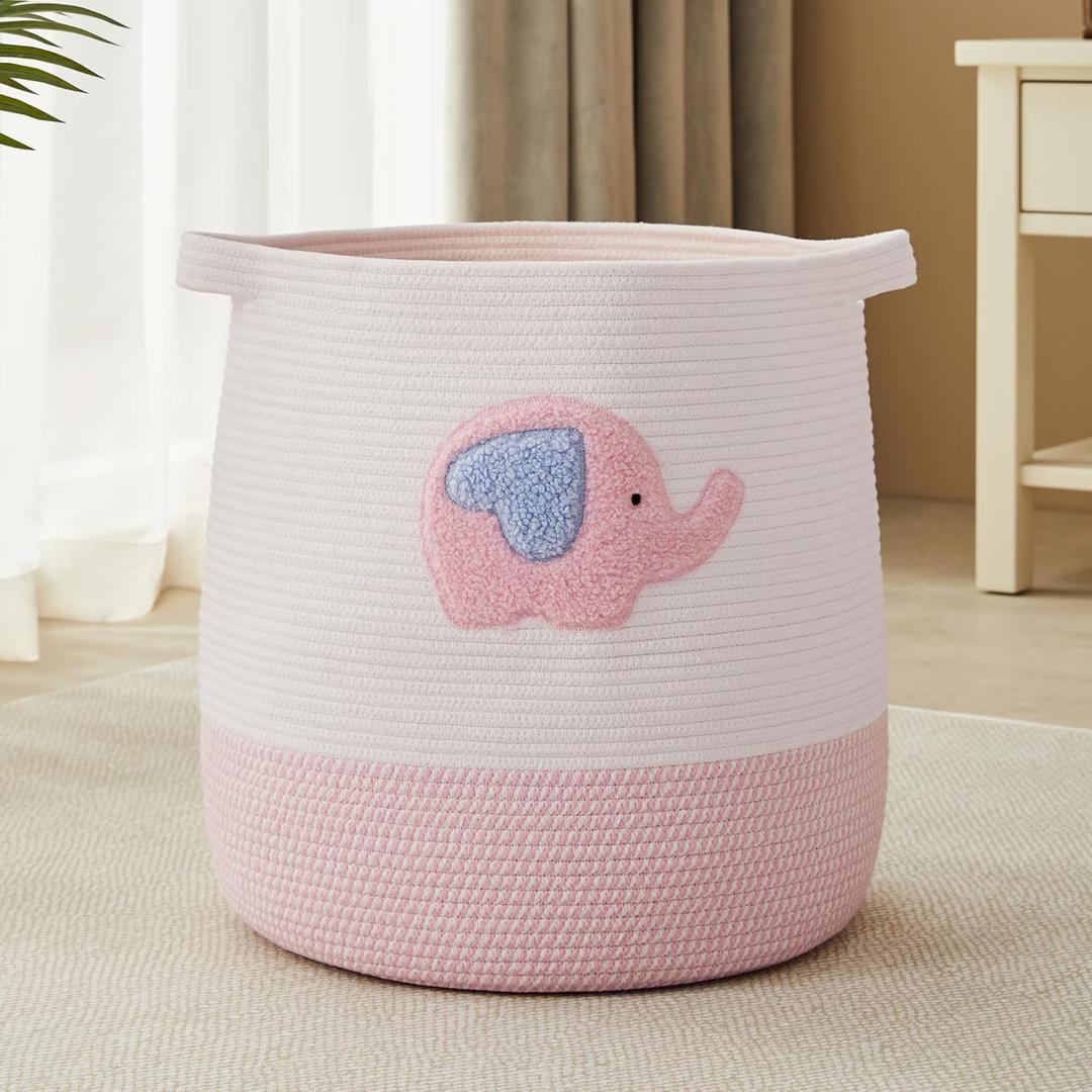 Pink Cotton Rope Laundry Hamper for Kids Girls, Toy Storage Basket for Girls Room Bedroom, 16" W x 17.7" H
