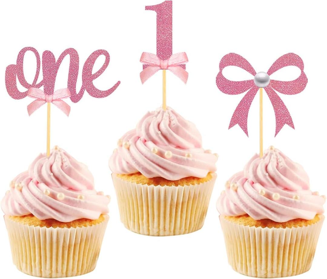 24Pcs Pink Bow 1st Birthday Cupcake Toppers, Pink Bow Theme Cupcake Topper for First Birthday Decorations Girl Baby Shower Cake Decorations (1st)