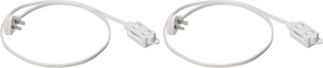 Amazon Basics 3-Foot 2-Prong Indoor Extension Cord Power Strip with Flat Plug, Space-Saving Design, 13 Amps, 1625 Watts, 125 VAC, White, 2-Pack