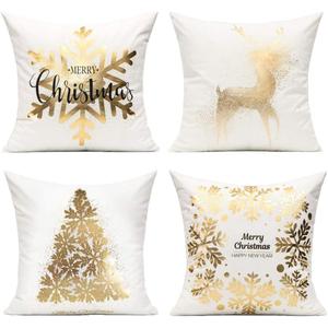 All Smiles White Gold Christmas Decorations Throw Pillow Covers 20X20 Set of 4 Winter Xmas Navidad Home Holiday Dcor Velvet Cushion Cases for Sofa Tree Snowflake Reindeer