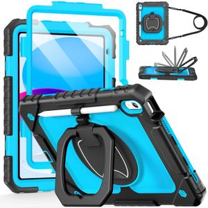 Cantis Case for iPad (A16) 11th/ 10th Generation 11/ 10.9 Inch 2025/ 2022, Shockproof Case for iPad 11 with Screen Protector/ Rotating Stand/ Adjustable Shoulder Strap/ Pen Holder, Black+Blue+Black