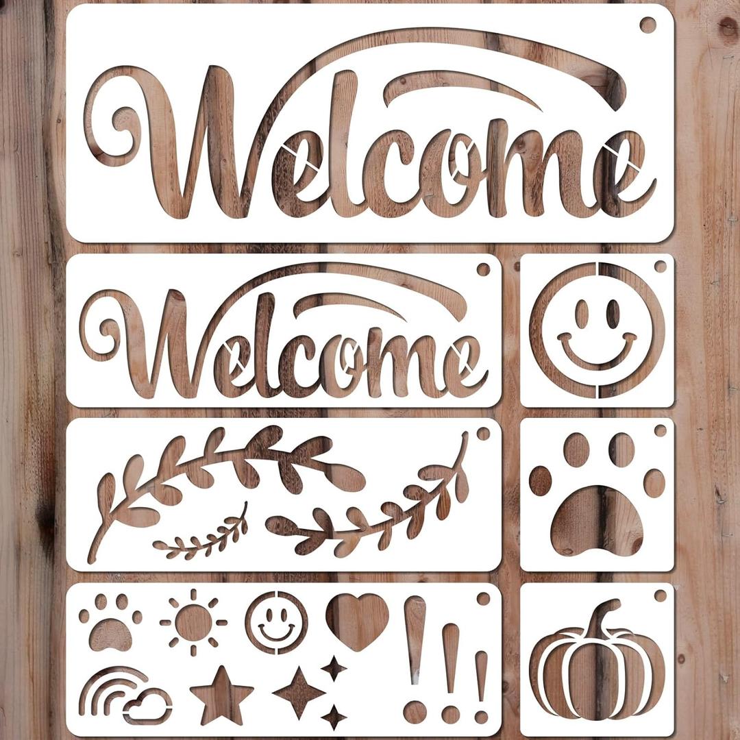 YKW Welcome Sign Stencils Set - 7 Reusable Smiley Paw Templates - Up to 14x5 - Welcome Words, Leaves, Pumpkin - for Porch, Door, Wood, Fabric - DIY Home Decor,Translucent and Soft