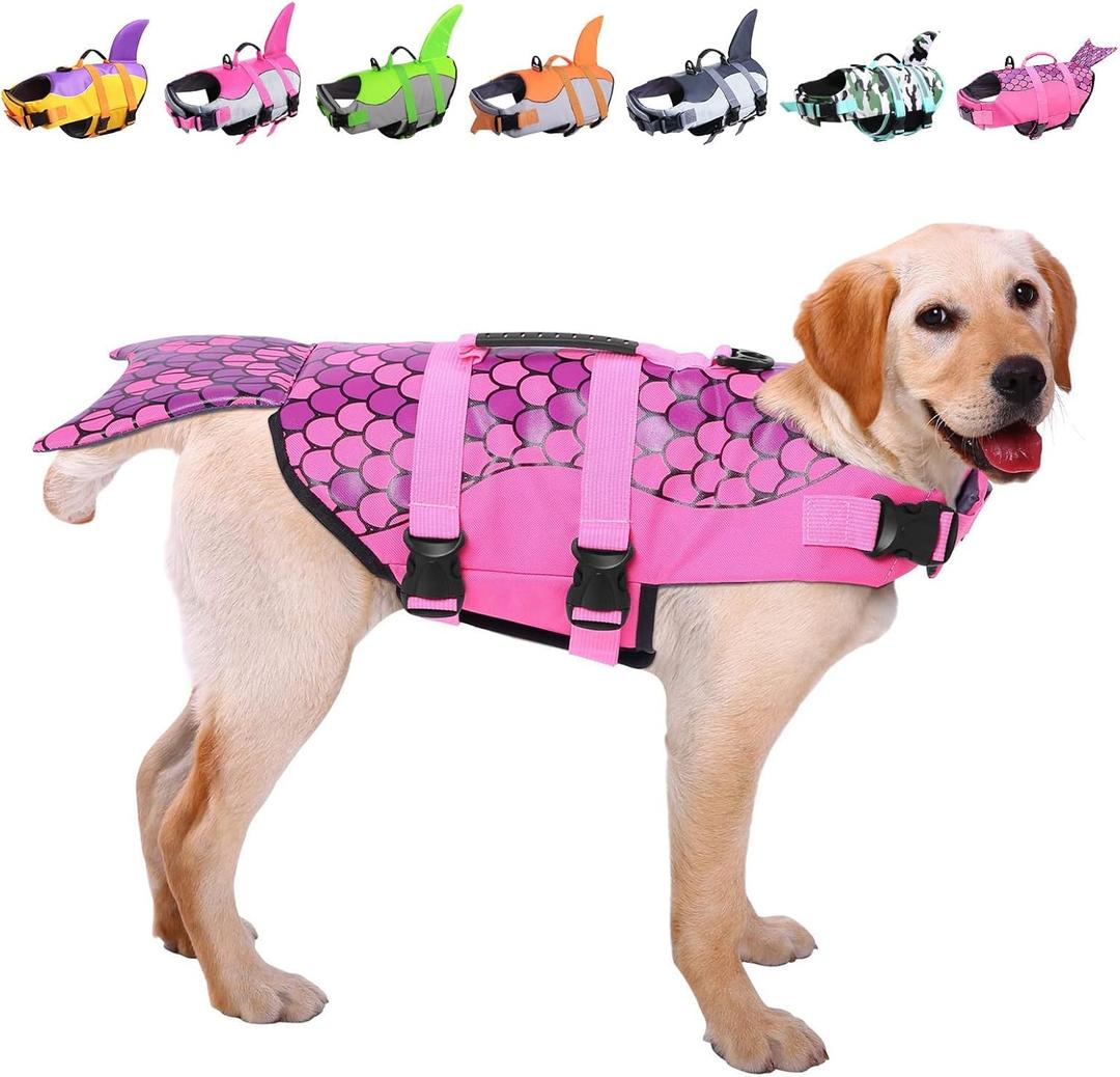 ASENKU Dog Life Jacket - Pet Safety Vest for Swimming & Boating, Shark Life Jacket with Floatation, Dog Lifesavers Swimsuits for Small Medium Large Dogs (Mermaid Pink, L)