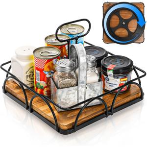 WRINGKIT Condiment Caddy with Handle Lazy Susan, 9 Inch Wood Spice Caddy, 360 Turntable Organizer for Cabinet, Kitchen, Condiment Holder for Table, Restaurants, Seasoning Tray