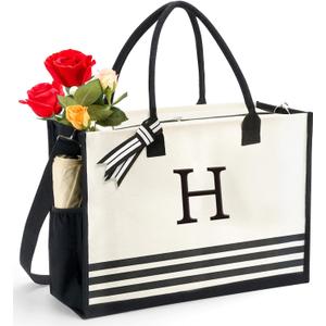 Personalized Initial Monogrammed Canvas Tote Bags, Gifts for Women Teachers Birthday Graduation Beach (White)