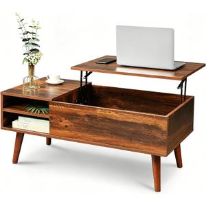 WLIVE Coffee Table with Lifting Top, Hidden Storage & Adjustable Shelf for Living Room Small Space, Multifunctional Rising Wooden Center Table, Mid Century Modern Tables for Home Dining Office, Brown