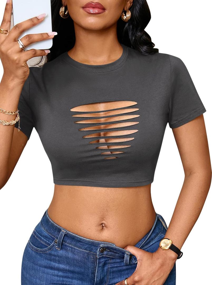 Remidoo Women's Sexy Distressed Ripped Crop Top Short Sleeve Cropped T Shirt Summer Cutout Tops Grey Medium (Gray, M)