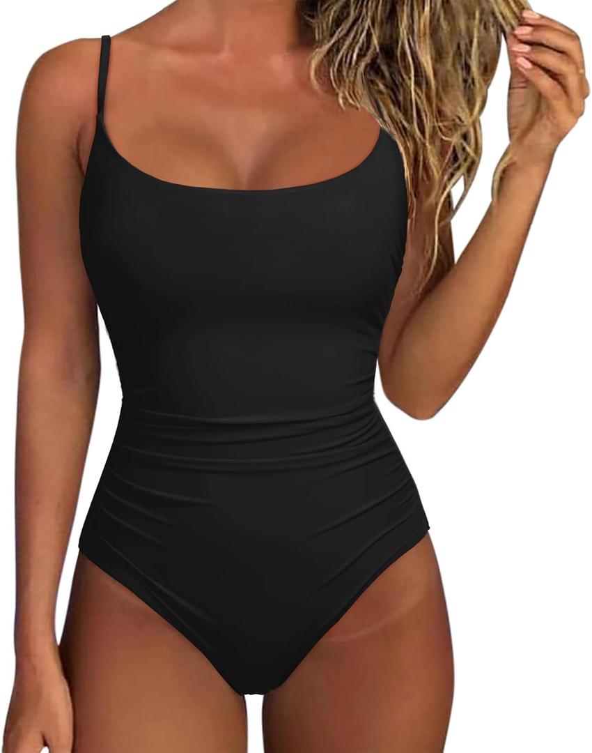 SUUKSESS Women One Piece Tummy Control Swimsuit Crisscross Backless Bathing Suit (Medium, Black)