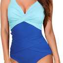 Smismivo Tummy Control Swimsuits for Women Slimming One Piece Bathing Suit Retro Ruched Push Up Vintage Padded Swimwear (X-Large, Blue Color Block)