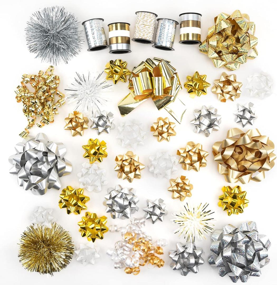 WRAPAHOLIC 40 Pcs Gift Bows Assortment - 28 Assorted Size Gift Bows(Gold&Silver&White), 1 Pull Bow, 2 Tinsel Bows, 2 Fountain Bows, 2 Curly Bows, 4 Curling Ribbons, 1 Cotton Twine (Gold Set 40 Pcs)
