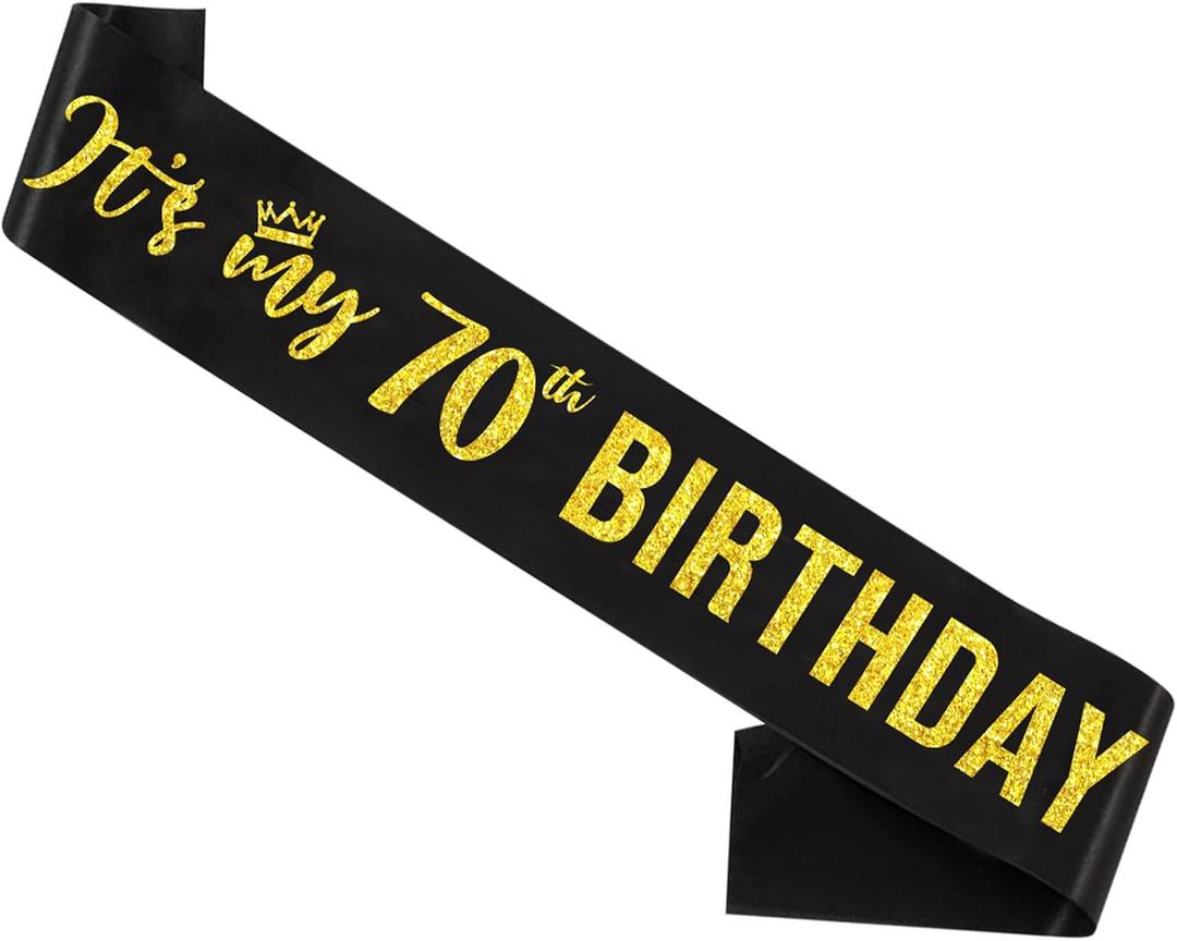 It’s My 70th Birthday Sash,70th Birthday Sash for Women,Glitter Letter 70th Birthday Sash for Girls,Happy 70th Birthday Party Decorations,Black and Gold