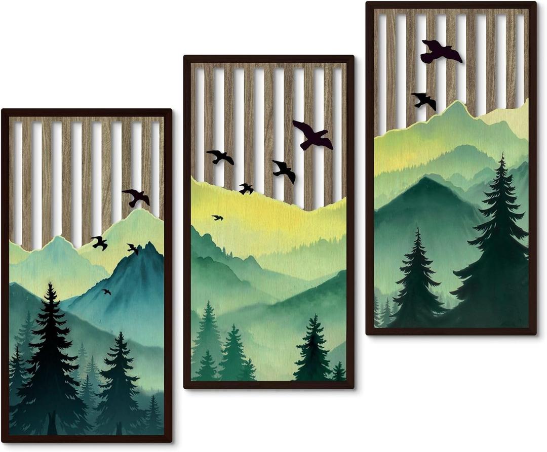 Putuo Decor Forest Mountain Wall Art Set of 3, Nature-Inspired MDF Cut-Out Panels with Bird and Tree Silhouettes, Rustic Wall Decor for Living Room Bedroom Cabin Office