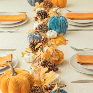 KI Store Velvet Pumpkin Garland Table Centerpieces 6ft Fall Garland and 19pcs Assortied Velvet Pumpkins Tablescape for Fall Thanksgiving Decoration