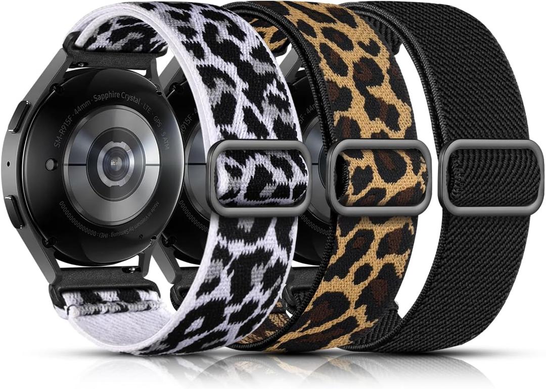 Lerobo Elastic Bands Compatible with Samsung Galaxy Watch 8 7 6 5 4 40mm 44mm/Galaxy Watch 8 Classic 6 4 Classic 43mm 47mm 42mm 46mm/5 Pro Band 45mm/Active 2,3 Pack 20mm Adjustable Nylon Sport Band (Black/White Leopard/Leopard)