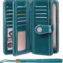 FALAN MULE Women Leather Wallet Large Capacity Bifold RFID Blocking Card Holder with Zipper Coin Pocket (Peacock Blue)