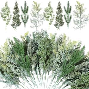 Lyrow 80 Pcs Christmas Artificial Pine 4 Styles Snowy Artificial Pine Branches Faux Leaves Needle Plastic Pine Fake Greenery Pick Greenery Christmas Tree for DIY Christmas Wreaths Home Decoration (White)