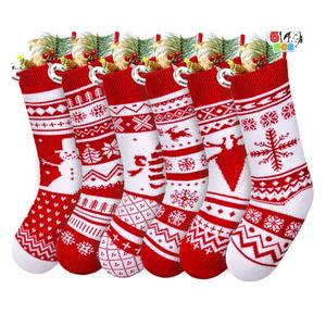 JOYIN 6 Pack 18" Christmas Knit Stockings, Large Rustic Yarn Xmas Stockings Bulk, Cable Knit Xmas Stockings with Snowflake Snowman Reindeer Character for Christmas Tree Fireplace Holiday Decorations