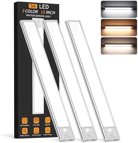 Under Cabinet Lighting Wireless, 54 LED Motion Sensor Light Indoor, 3 Color Dimmable Closet Lights Battery Operated, Rechargeable Magnetic Light, Under Counter Lights for Kitchen, Stairs, Home (3Pack)