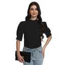 SUNNOW Women's Summer Top Ruffle Stand Collar Button Down Shirt Tailored Puff Sleeves Blouse Basic Simple Shirts (Black, S)