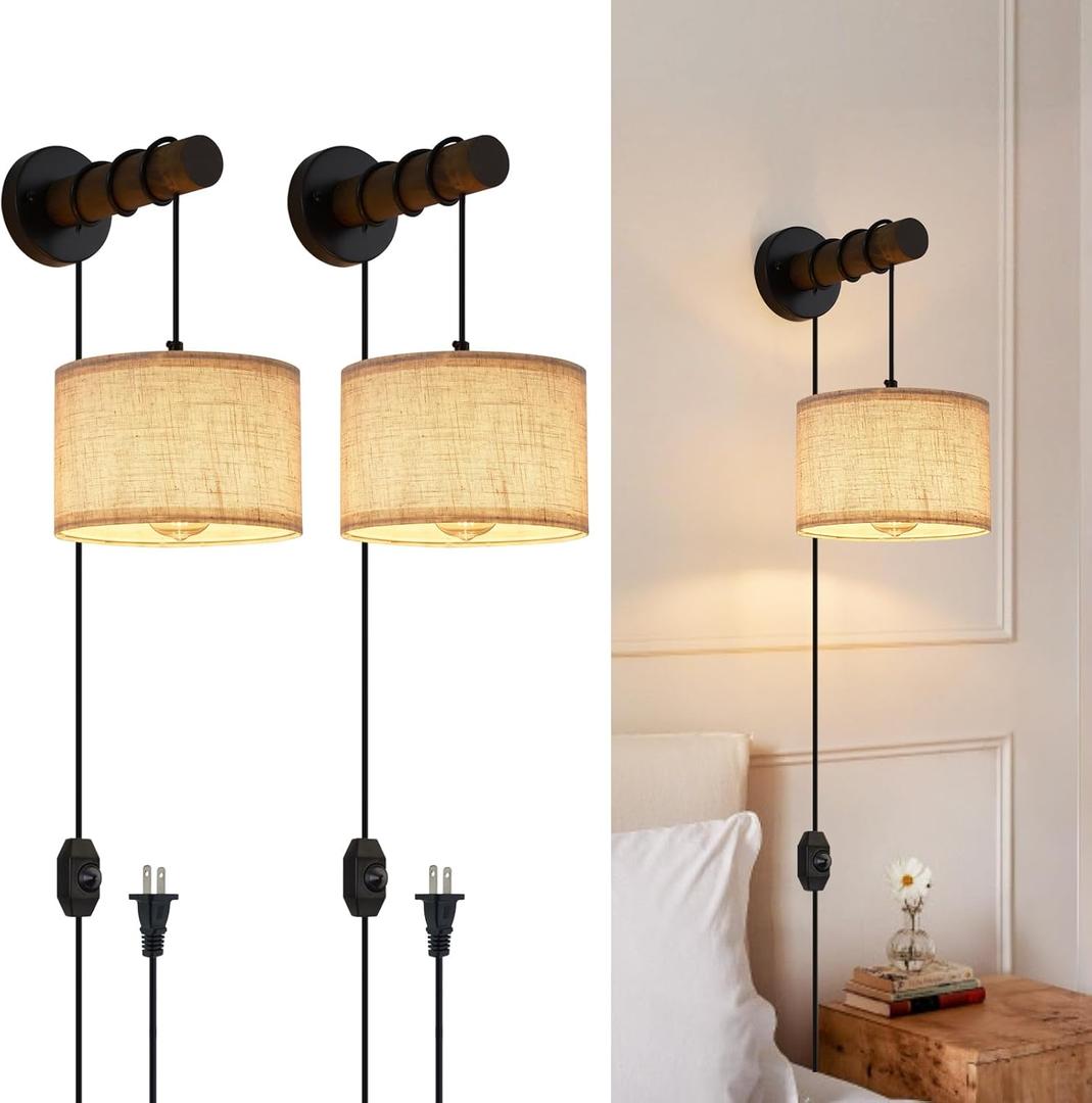 Plug in Wall Sconces Set of 2, Farmhouse Wall Lamp with 5.9FT Plug in Cord, Dimmable Hanging Wall Lighting with Fabric Shade, Adjustable Wall Mount Lights for Bedroom Living Room, Wooden Arm (8.6 Inch-2 Pack)