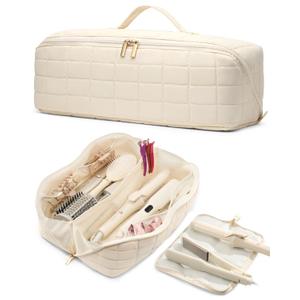 Hot Tools Travel Case with Heat Resistant Mat Pouch, Large Hair Tool Organizer Bag for Curling Iron Flat Iron Hair Dryer Hot Air Brush, Water Resistant Makeup Bag Gift for Women, Beige