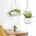 Mkono Ceramic Hanging Planter of Shallow 8 Inch and Deep 6 Inch for Indoor Outdoor Plants, Set of 2 Modern Plant Pot Geometric Porcelain Hanging Basket with Polyester Rope Hanger