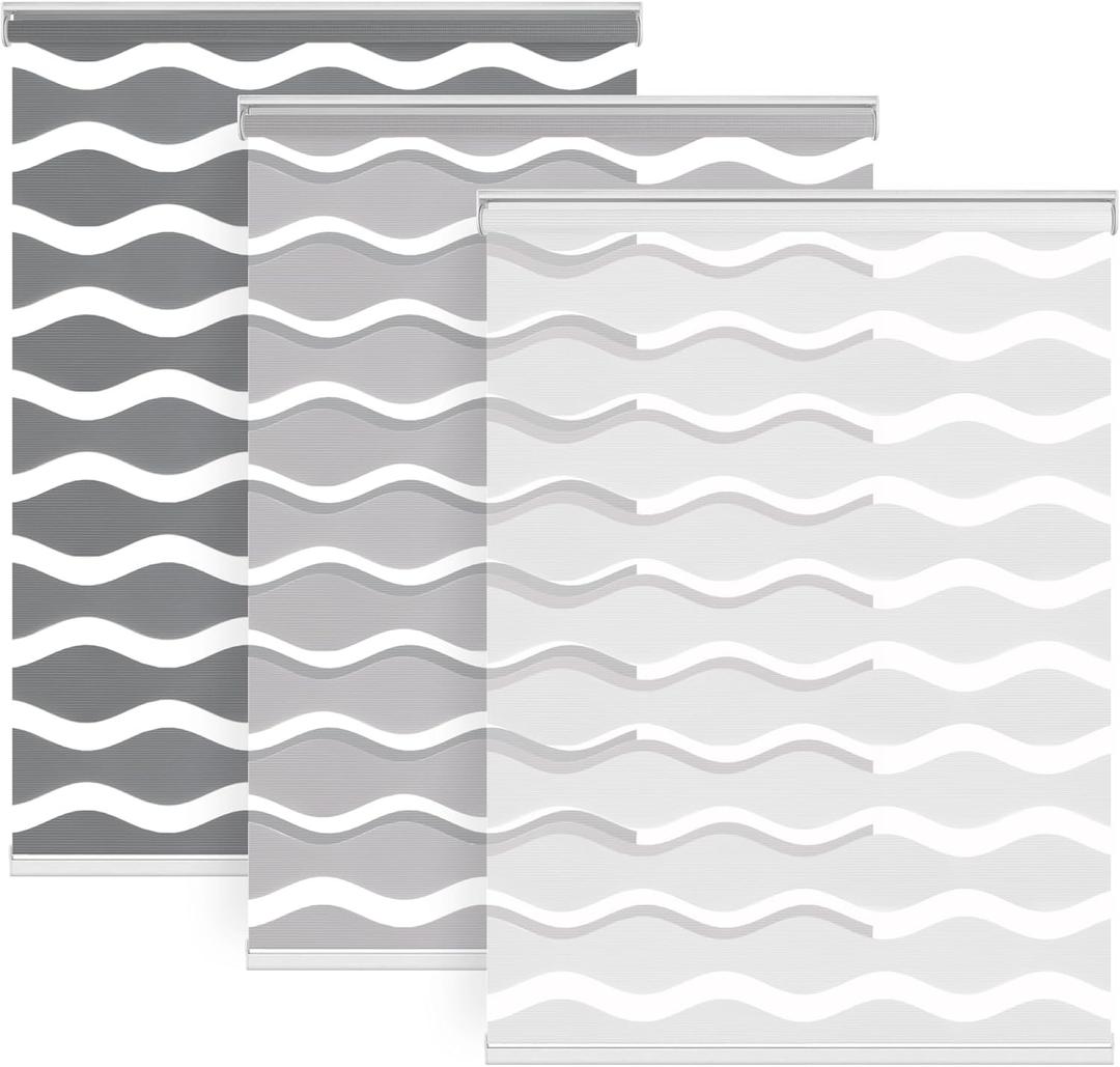 LazBlinds No Drill Cordless Zebra Blinds for Indoor Windows, Dual Layer Light Control Roller Shades for Day and Night, Light Filtering Sheer Shades for Home, 29" W x 48" H, Grey