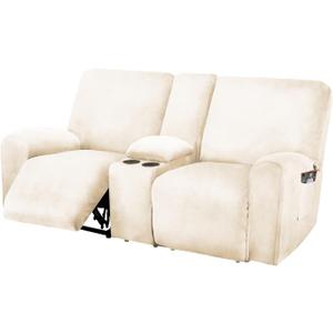 ULTICOR Reclining Love Seat with Middle Console Slipcover, 8-Piece Velvet Stretch Loveseat Reclining Sofa Covers, 2 seat Love seat Recliner Cover, Thick, Soft, Washable, Love seat Slipcovers (Ivory)