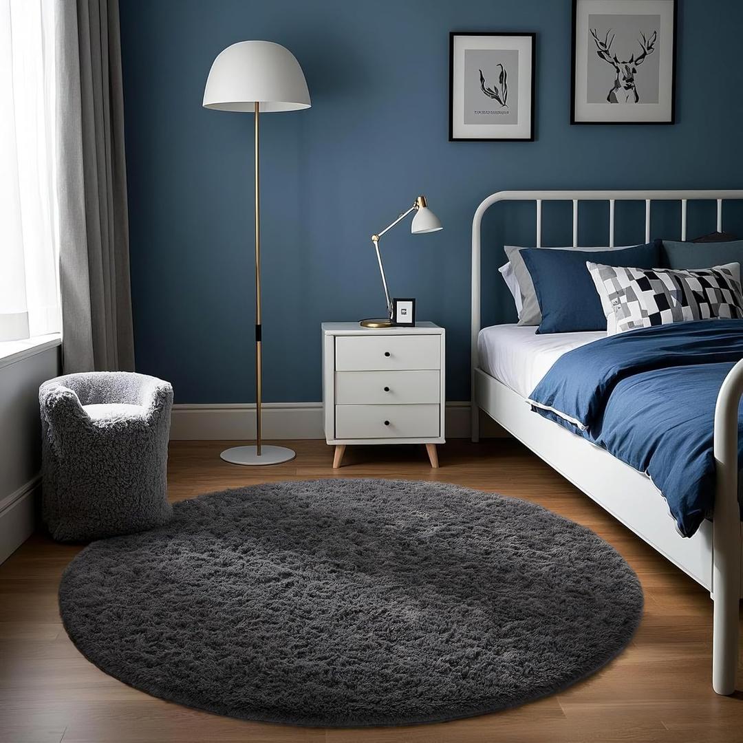 Ophanie Round Rug 4Ft Grey Circle Area Rug, Fluffy Fuzzy Bedroom Carpet, Plush Soft Shaggy Indoor Floor Gray Living Room Rugs for Kids Home Decor Aesthetic, Nursery (4' x 4', 1- Grey)