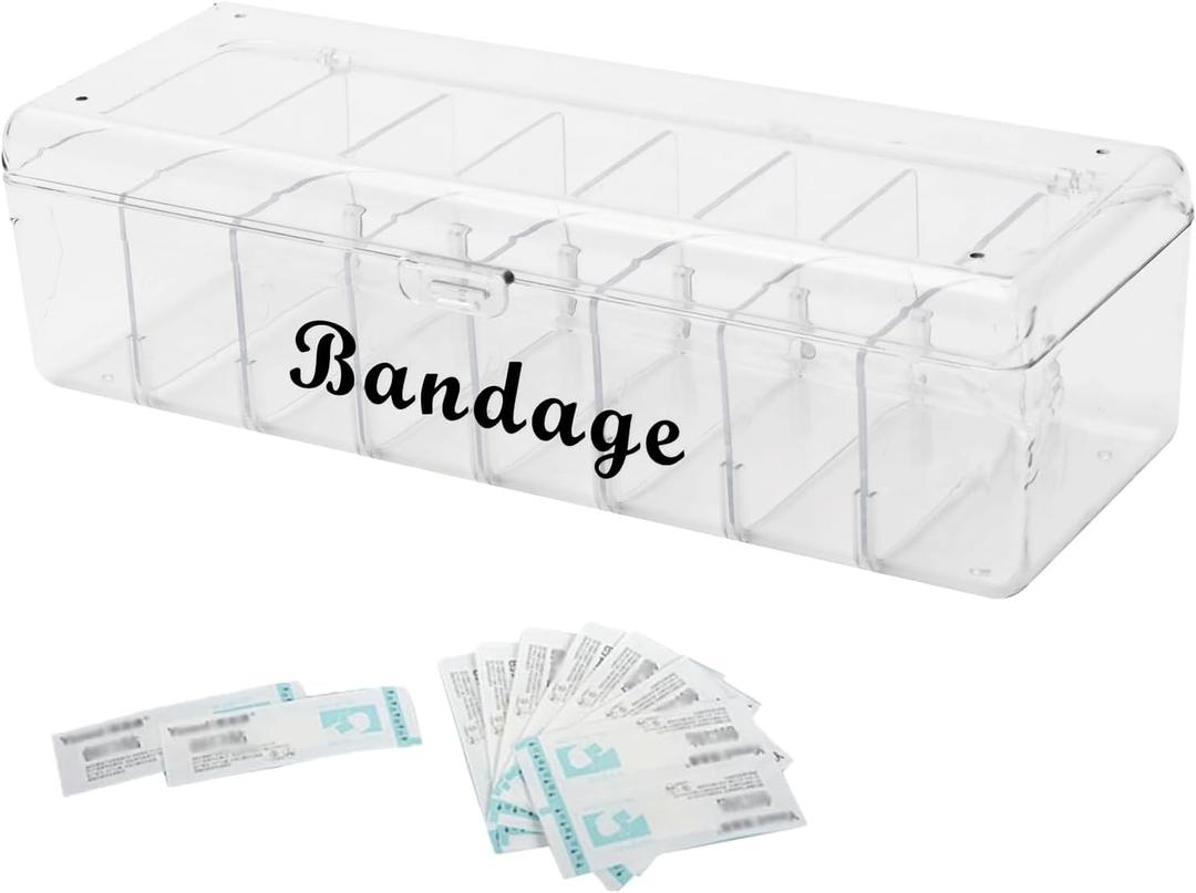 Bandaid Organizer Holder,8 Compartments Medicine Storage Box with Flip Cover,Multiple Compartments Band Aid Organizer,Bandaid Box for Elastic Bandage Wrap, Cotton Swabs(Clear)