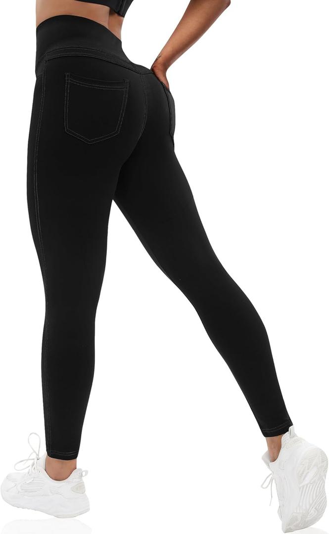 VOOVEEYA Curvy Womens Leggings, High Waisted Yoga Pants with Back Pockets, Tummy Control - Buttery Soft - Stretchy (X-Large, Solid Black)