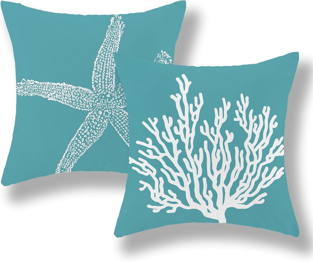 Coastal Pillow Covers 18x18 Set of 2 Aqua Teal Turquoise Coral Starfish Throw Pillows Nautical Ocean Decorations Summer Linen Beach Pillowcase Outdoor Decor Farmhouse Cushion Case for Couch