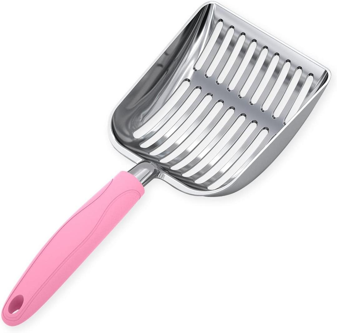 WePet Cat Litter Scoop, Aluminum Alloy Sifter, Kitty Metal Scooper, Deep Shovel, Long Handle, Poop Sifting, Kitten Pooper Lifter, Durable, Heavy Duty, for Litter Box (Small, POLISHED Aluminum \ #10 Pink Handle)