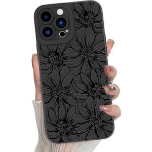 MZELQ for iPhone 13 Pro Case, Silicone Floral Flowers Sunflowers Cute Pattern, Camera Protection Soft Slim Phone Cover for Girls Women -Black