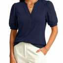 Uhiger Navy Blue Blouse Henley V Neck Button Up Shirt Embroidered Eyelet Puff Sleeve Female Plus Size Summer Outfits (XXL)