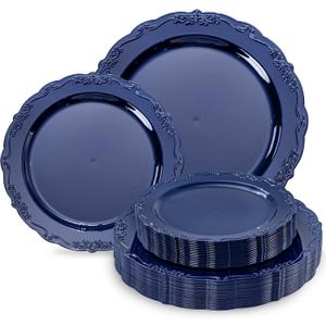 Tinybee 60PCS Blue Plastic Plates - Heavy Duty Blue Disposable Plates, Elegant Plastic Plates for Birthday, Wedding and Party Including 30 Dinner Plates 10 '' & 30 Dessert Plates 7.5 ''