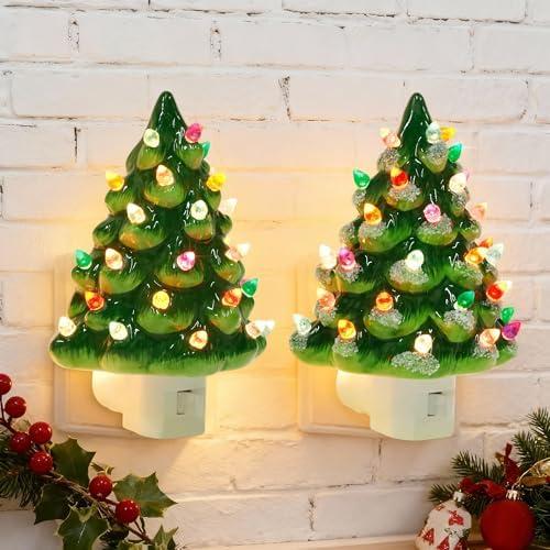 Blissun Christmas Night Light, Ceramic Tree Decor 6 Inch with Multicolor Bulbs, 360° Swivel Plug & On/Off Switch for Bedroom, Home, Bathroom (2 Pack)