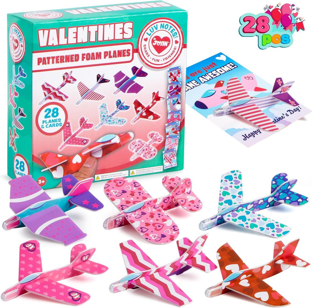 JOYIN 28 Valentine's Day Foam Airplanes for Kids, Greeting Cards with Punchline for Kids School Classroom Exchange Prizes Gift Supplies, Planes Party Favor