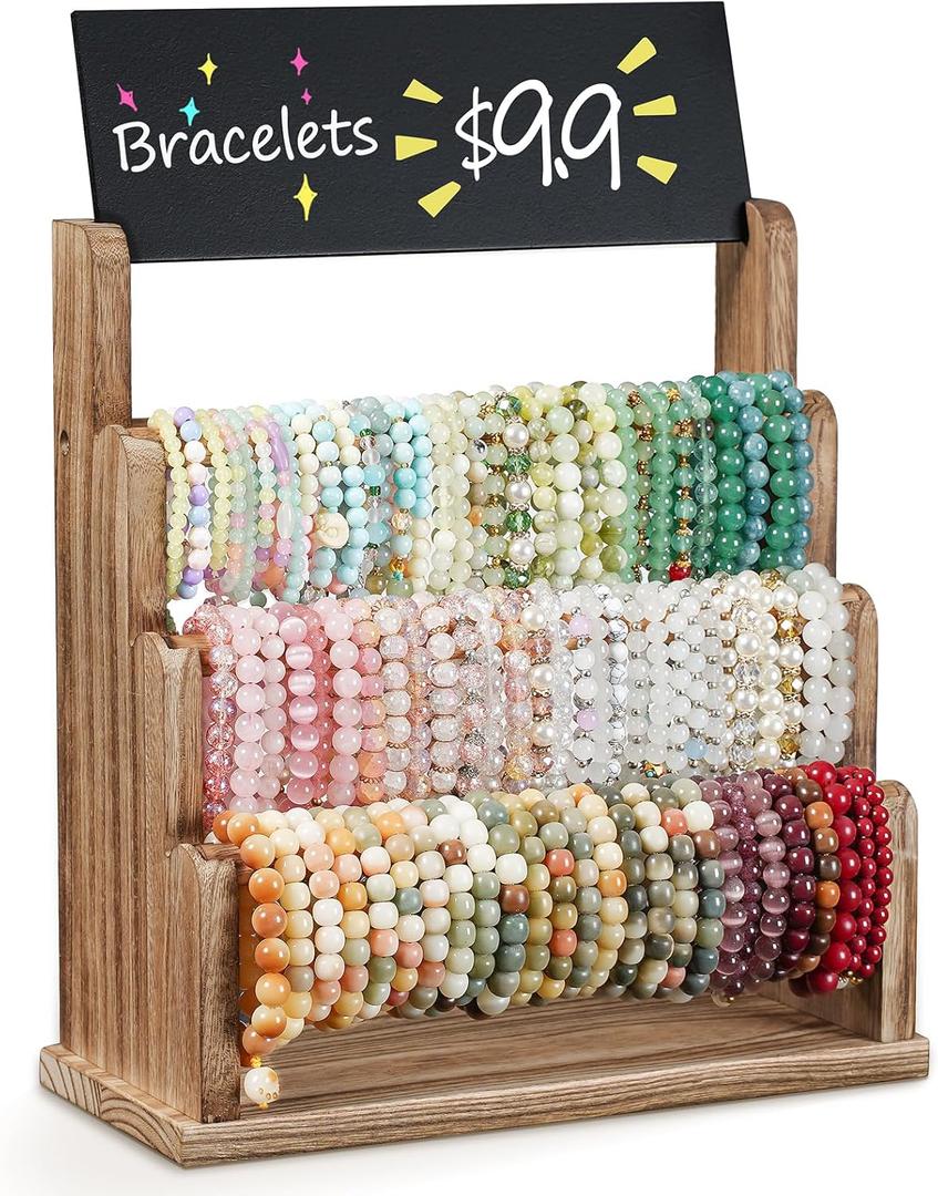 Emfogo Bracelet Holder with Advertising Board, 3 Tier Bracelet Organizer Stand Storage for Bracelets Bangles Watch Scrunchies, Rustic Wood Jewelry Display for Vendors, Craft Shows (Rustic Brown)