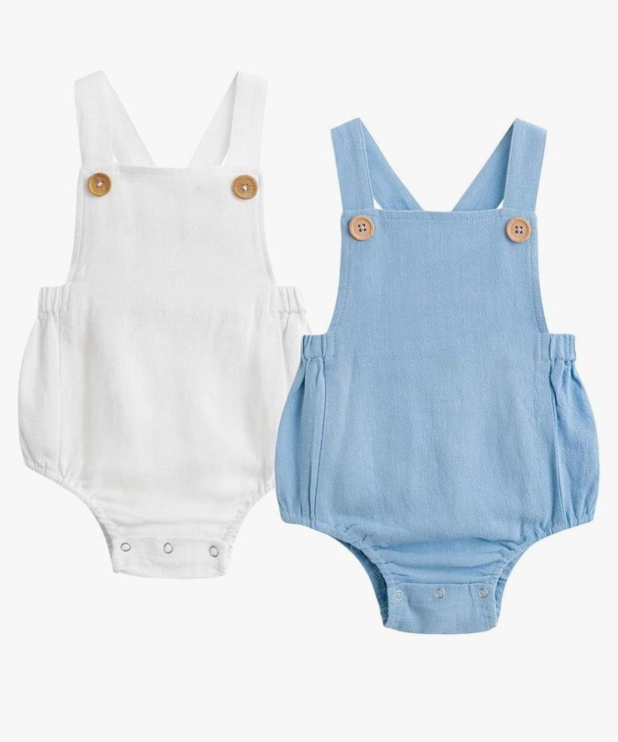 Newborn Baby Girls Boys Corduroy Jumpsuit Halter Backless Plain Romper Overall Clothes, White and Blue, 3-6 months