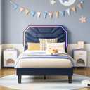 LIKIMIO Twin Bed Frames with LED Light Headboard, Upholstered Modern Cama Twin Platform Bed Frame with Heavy Duty Supports, No Box Spring Need, Noise Free, Easy Assembly, Blue