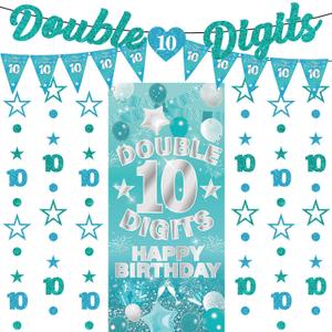10th Birthday Decorations Garland Girls - 10 Pcs Pre-Strung Teal Blue Glitter Double 10 Digits Banners Circle Dot Star Hanging Garland Backdrop for Girl 10 Year Old Birthday Party Supplies