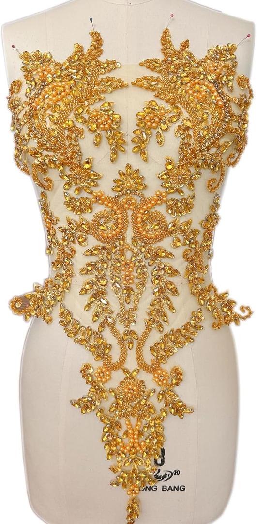 Handmade Bodice Rhinestones Applique Sewing Beads Stones Crystal Trim Lace Patches for Dress Clothing Accessories 34x63cm (Gold)